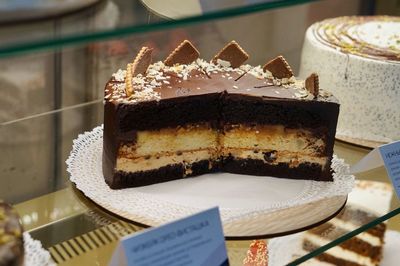 High angle view of chocolate cake on table