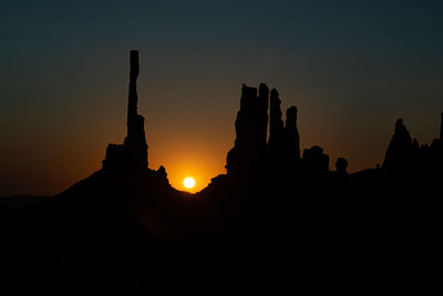 Silhouette of rock formations against sky during sunset