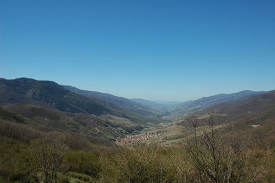 Scenic view of mountains against clear blue sky