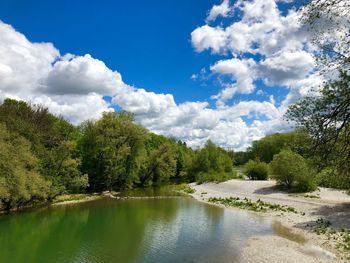 Scenic view of lake by trees against sky