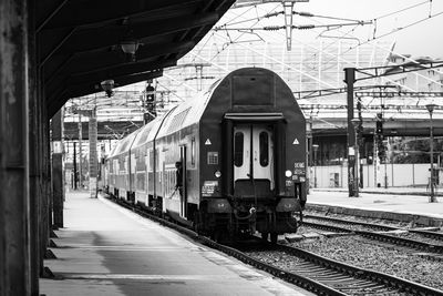 High angle view of train on railroad station