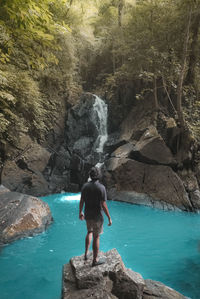 Rear view of man standing on rock against waterfall