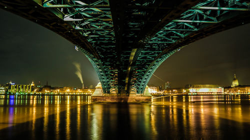 Illuminated bridge over river at night