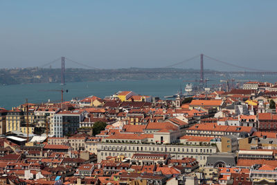 Cityscape by sea against clear sky