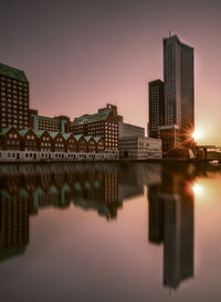 Reflection of illuminated buildings in city against sky during sunset