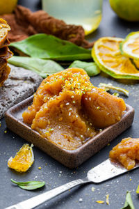 Close-up of breakfast served on table