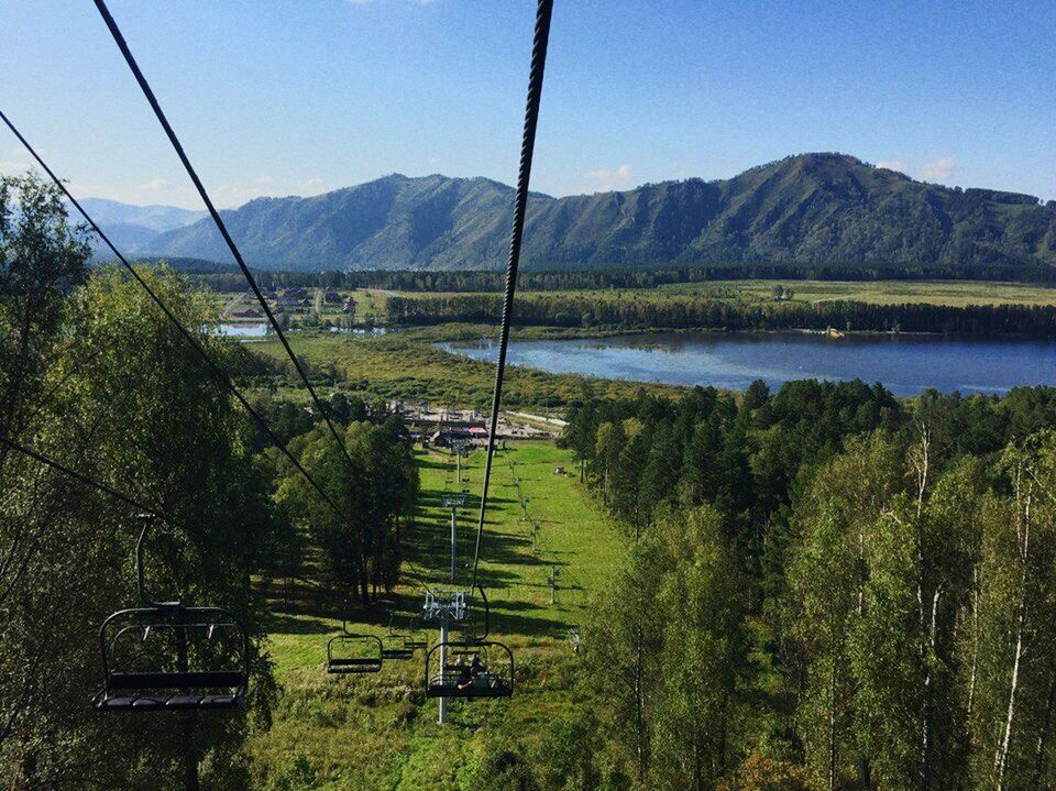 HIGH ANGLE VIEW OF OVERHEAD CABLE CAR OVER LAKE AGAINST SKY