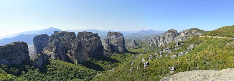 Panoramic view of rocky mountains against clear sky