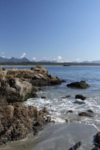 Scenic view of sea against clear blue sky