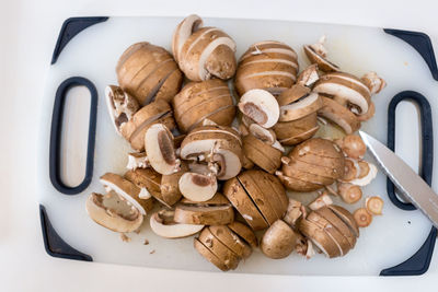 High angle view of mushrooms in plate