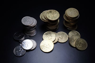 High angle view of coins on table