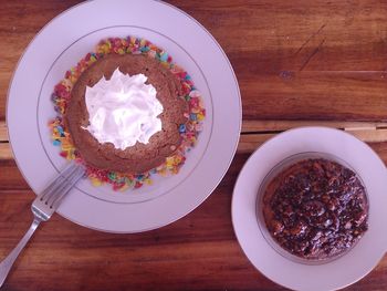 High angle view of cake served on table