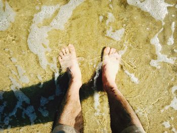 Low section of man standing on beach