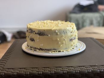 Close-up of cake in plate on table