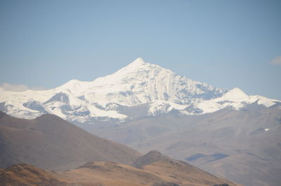 Scenic view of snowcapped mountains against clear sky