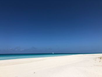 Scenic view of beach against clear blue sky