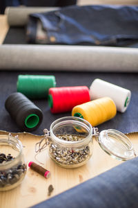 High angle view of sewing items on table