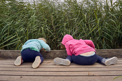 High angle view of women relaxing on grass