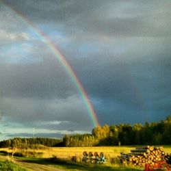 Rainbow over field against cloudy sky