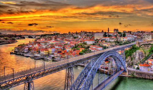 High angle view of bridge over river against sky during sunset