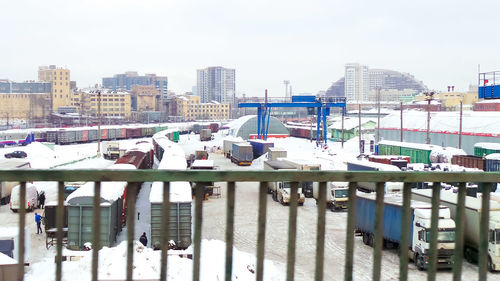 Boats in lake against clear sky