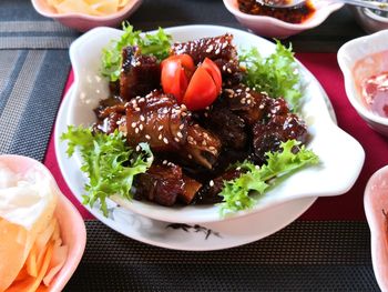 High angle view of food served on table