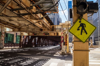 Road sign on railroad track in city