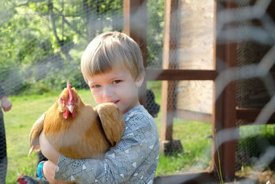 Portrait of cute boy holding hen while standing outdoors