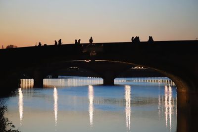 People on bridge over river against sky during sunset