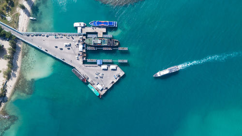 High angle view of ship sailing on sea