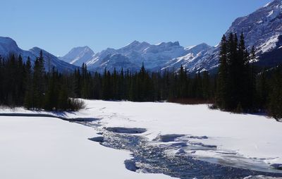 Scenic view of snowcapped mountains against clear sky