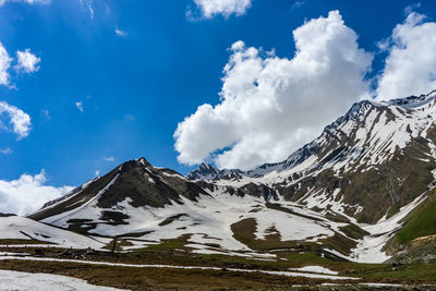 Glaciers of cross pass in georgian caucasus mountain chain