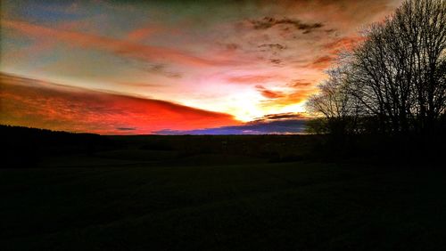 Silhouette trees on field against dramatic sky during sunset
