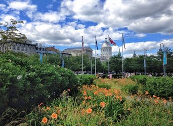 View of field against cloudy sky