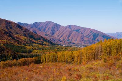 Scenic view of mountains against sky during autumn