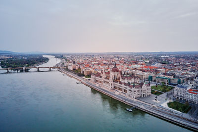 Aerial view of budapest cityscape along the danube river