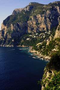 Scenic view of sea by mountain against sky
