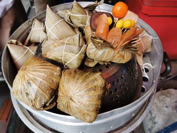 High angle view of fruits in plate on table