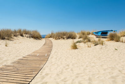 Scenic view of beach against clear blue sky