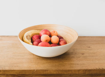 High angle view of fruits in bowl on table