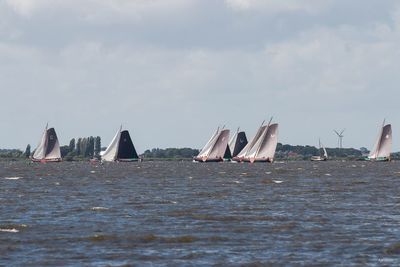 Sailboats sailing in sea against sky