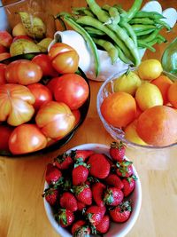 High angle view of fruits in bowl on table