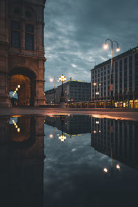 Reflection of illuminated buildings in water at dusk