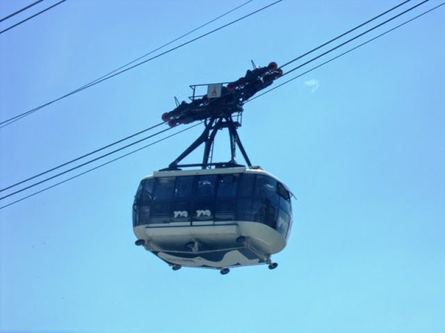 OVERHEAD CABLE CAR AGAINST CLEAR BLUE SKY