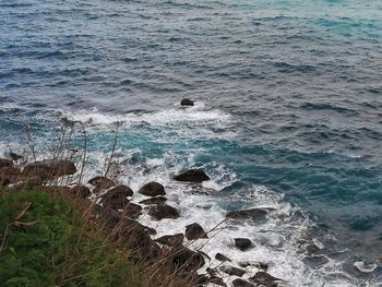 High angle view of rocks on beach