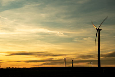Silhouette of windfarm at sunset