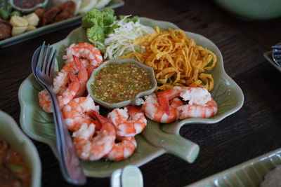 High angle view of food in plate on table