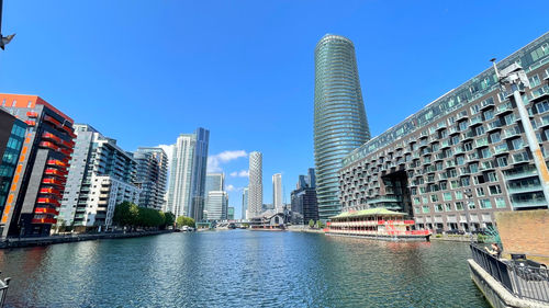 Panoramic view of river and buildings against clear sky