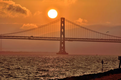 View of suspension bridge at sunset