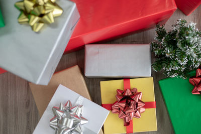 High angle view of christmas decorations on table